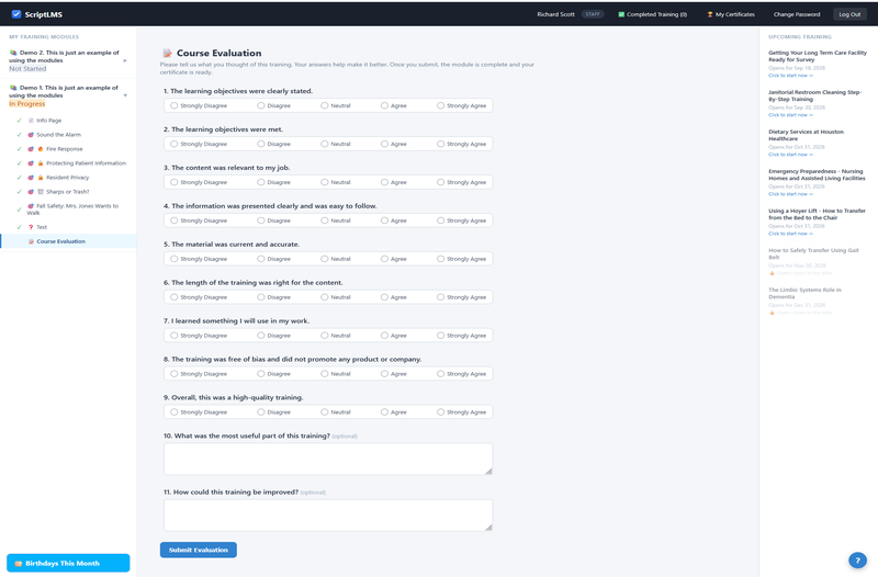 ScriptLMS Course Evaluation where staff rate a training module from Strongly Disagree to Strongly Agree and add comments